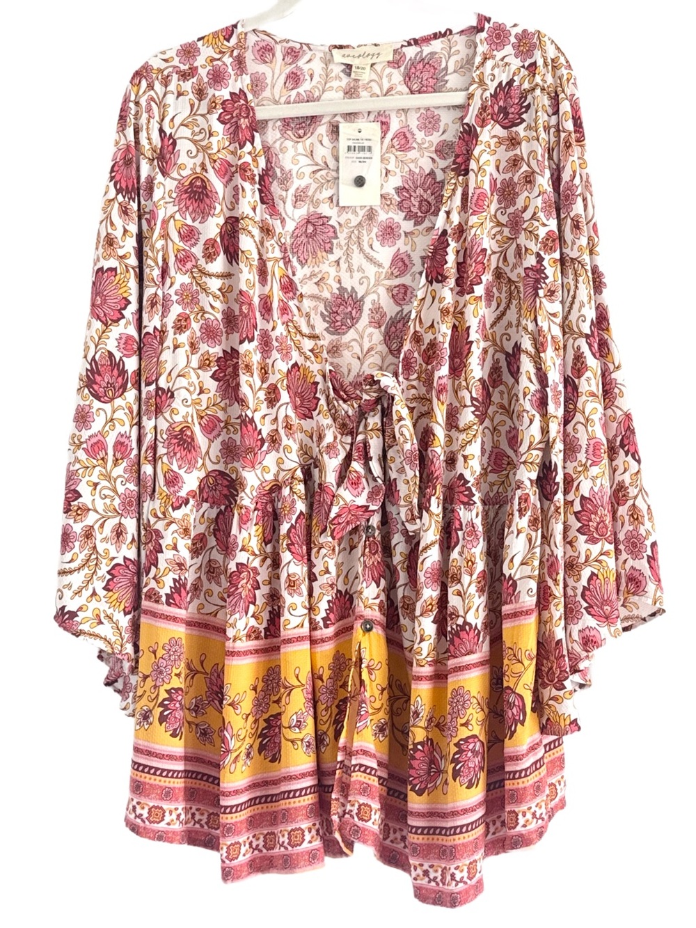 Aveology Salma Boho Tie-Front Floral Tunic in Cream, Pink & Yellow 18/20 - Picture 9 of 9
